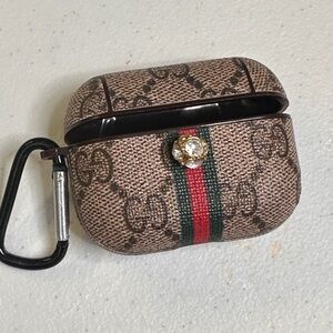 Gucci Style Designer Brown AirPods Case with Carabiner